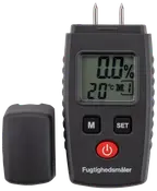 Svart digital fuktmätare med LCD-display, temperaturvisning, M- och SET-knappar, röd strömknapp och skyddskåpa.