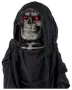 Halloween-dekoration med liemannen, lysande röda ögon, detaljerad dödskalle och trasig svart huva. Perfekt för skrämmande dekoration inomhus eller utomhus.