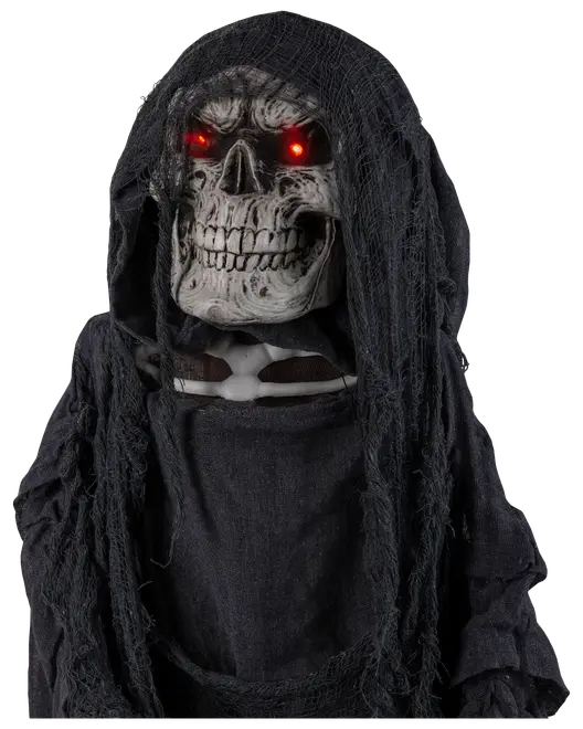 Halloween-dekoration med liemannen, lysande röda ögon, detaljerad dödskalle och trasig svart huva. Perfekt för skrämmande dekoration inomhus eller utomhus.