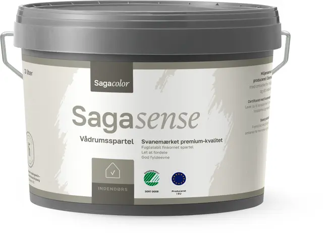 Sagacolor Sagasense vådrumsspartel, 3 liters plastspand med hank, gråt låg, miljømærker, til indendørs brug, premium kvalitet, fugtstabil, let at fordele, finkornet.