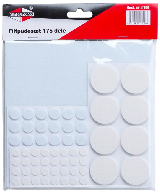 Sæt med 175 selvklæbende filtpuder i forskellige størrelser, runde og hvide, til beskyttelse af gulve og overflader mod ridser fra møbler eller genstande.