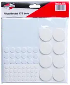 Sæt med 175 selvklæbende filtpuder i forskellige størrelser, runde og hvide, til beskyttelse af gulve og overflader mod ridser fra møbler eller genstande.