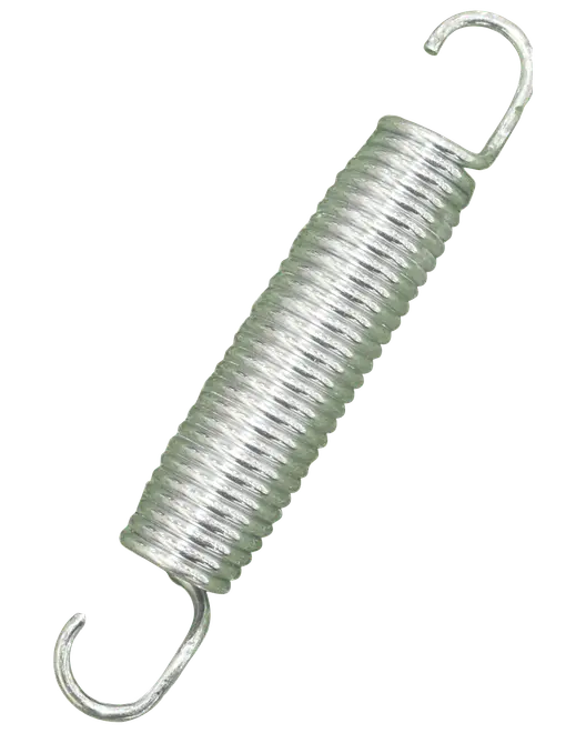 Metal forlængelsesfjeder med tætte spiraler og åbne kroge i begge ender, sølvfarvet, egnet til mekanisk eller industriel brug, giver spænding og fleksibilitet.