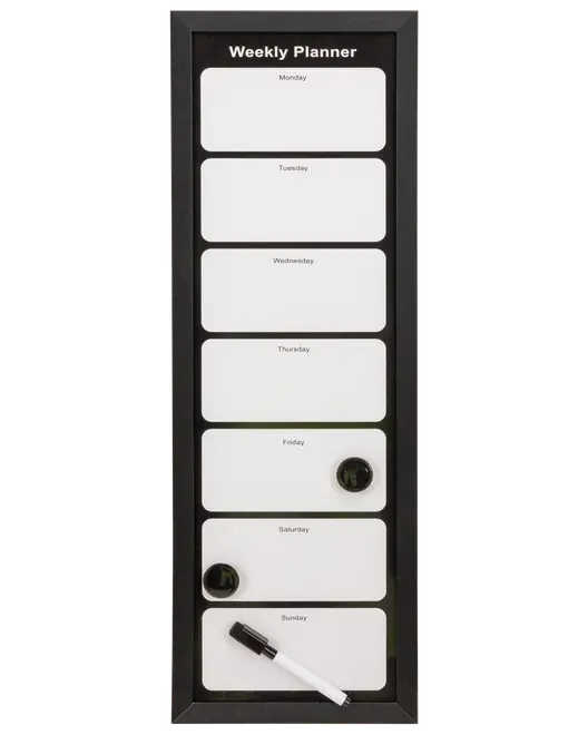 Rektangulär magnetisk veckoplanerare med svart ram, sju fält för veckodagar, två magneter och en svart whiteboardpenna längst ner.