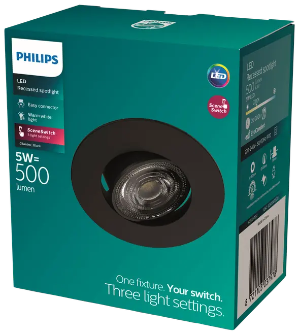 Philips LED indbygget spotlys, 5W, 500 lumen, sort finish, varmt hvidt lys, nem tilslutning, SceneSwitch med tre lysindstillinger, egnet til loftmontering indendørs.