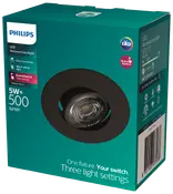 Philips LED indbygget spotlys, 5W, 500 lumen, sort finish, varmt hvidt lys, nem tilslutning, SceneSwitch med tre lysindstillinger, egnet til loftmontering indendørs.