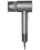 Elegant, grå hårtørrer med moderne, kompakt design, cylindrisk håndtag og aftagelig dyse for præcis luftstrøm. Har netindtag i bunden og strømledning.