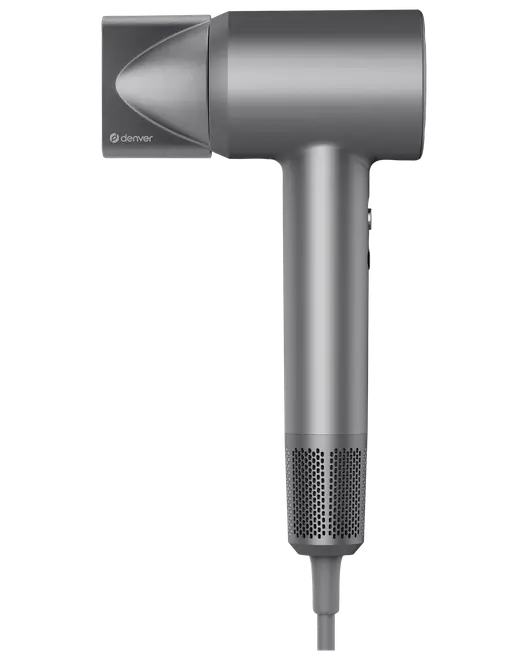 Elegant, grå hårtørrer med moderne, kompakt design, cylindrisk håndtag og aftagelig dyse for præcis luftstrøm. Har netindtag i bunden og strømledning.