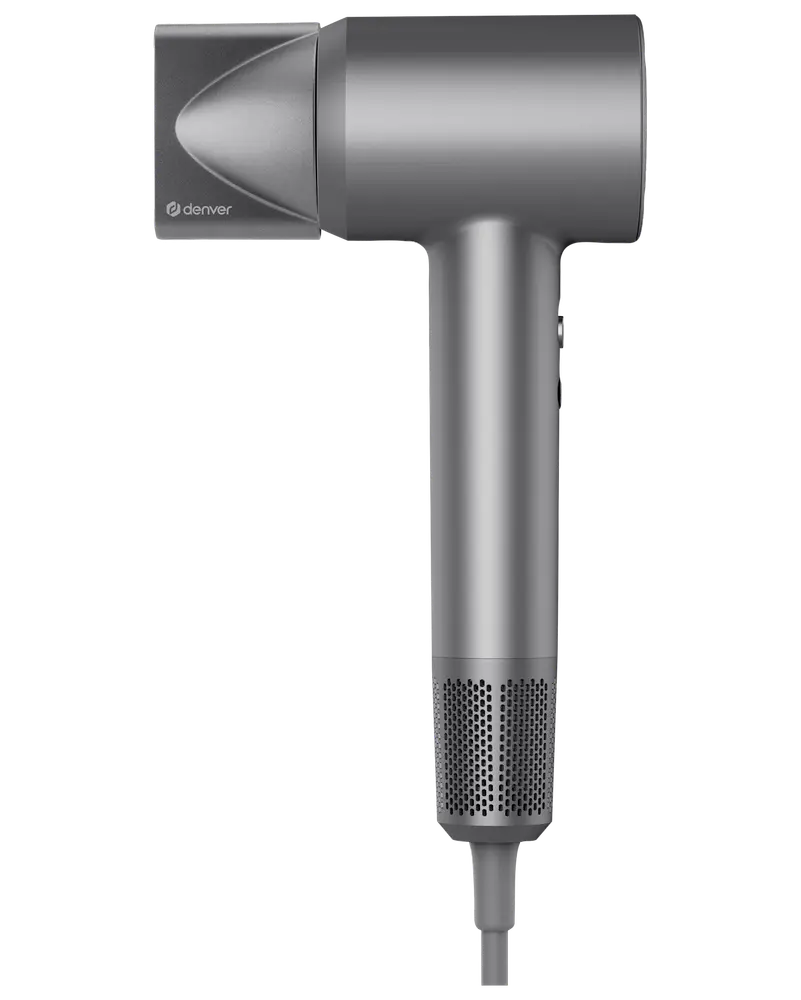 Elegant, grå hårtørrer med moderne, kompakt design, cylindrisk håndtag og aftagelig dyse for præcis luftstrøm. Har netindtag i bunden og strømledning.