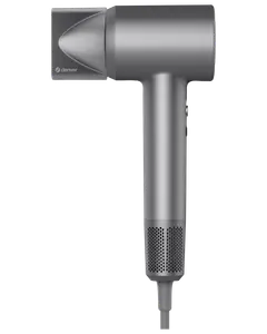 Elegant, grå hårtørrer med moderne, kompakt design, cylindrisk håndtag og aftagelig dyse for præcis luftstrøm. Har netindtag i bunden og strømledning.