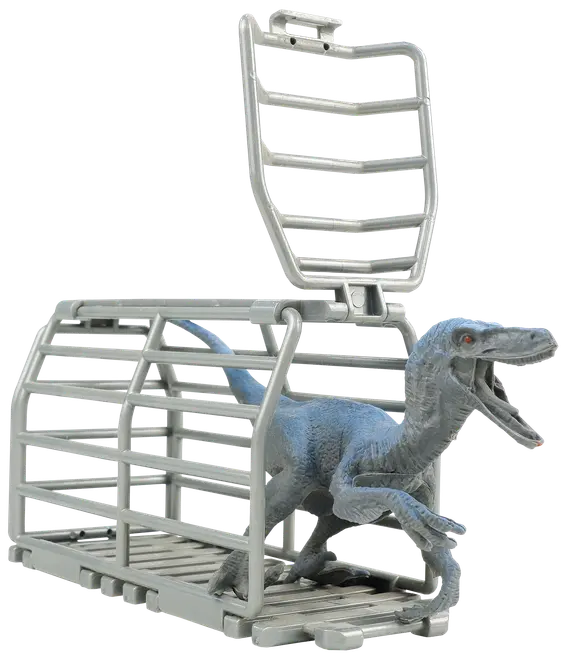 Legetøjssæt med en blå velociraptor dinosaurfigur i et sølvfarvet plastbur med åben top, detaljeret til fantasifuld leg og dinosaurtema-samlinger.