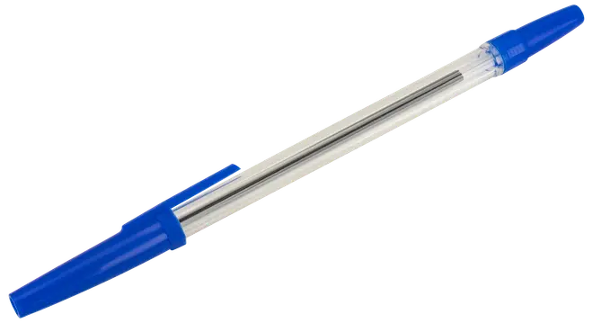 Transparent plastkulspetspenna med blått lock och blå ände. Smal kropp, synlig bläcknivå och fickklämma på locket. Skriver med blått bläck.