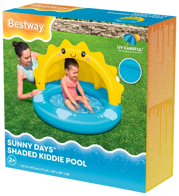 Oppustelig børnepool med glad gul solskærm, blå bund med sky-motiver og blød bund. Velegnet til børn fra 2 år. Måler 101 x 97 x 71 cm.