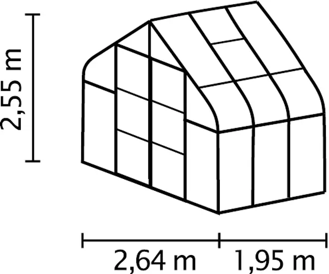 Växthus med välvt tak, genomskinliga paneler och svart ram. Mått: 2,64 m brett, 1,95 m djupt, 2,55 m högt. Passar för odling.