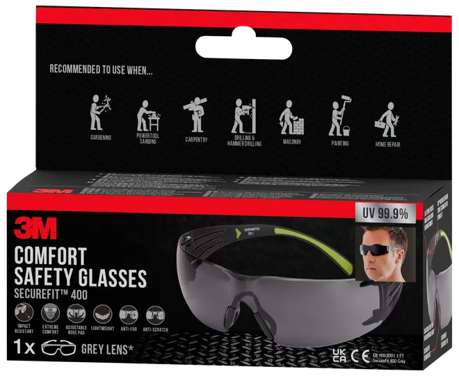 3M Comfort sikkerhedsbriller med grå linse, slagfast, anti-dug, ridsefast, letvægtsdesign, justerbar næsepude og 99,9% UV-beskyttelse. Velegnet til forskellige gør-det-selv opgaver.