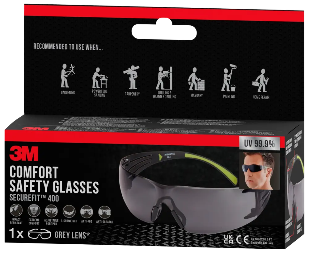 3M Comfort sikkerhedsbriller med grå linse, slagfast, anti-dug, ridsefast, letvægtsdesign, justerbar næsepude og 99,9% UV-beskyttelse. Velegnet til forskellige gør-det-selv opgaver.