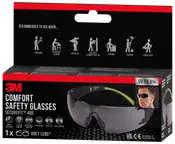 3M Comfort sikkerhedsbriller med grå linse, slagfast, anti-dug, ridsefast, letvægtsdesign, justerbar næsepude og 99,9% UV-beskyttelse. Velegnet til forskellige gør-det-selv opgaver.