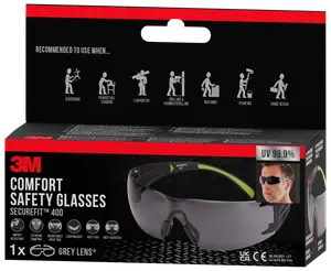 3M Comfort sikkerhedsbriller med grå linse, slagfast, anti-dug, ridsefast, letvægtsdesign, justerbar næsepude og 99,9% UV-beskyttelse. Velegnet til forskellige gør-det-selv opgaver.