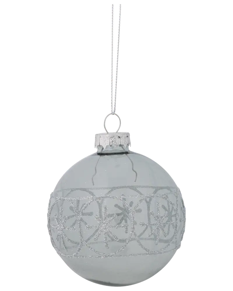Klar glaskula med silverglittrigt snöflingemönster, rund form, silverfäste och upphängningsögla. Elegant och festlig dekoration för julgran eller säsongsutsmyckning.
