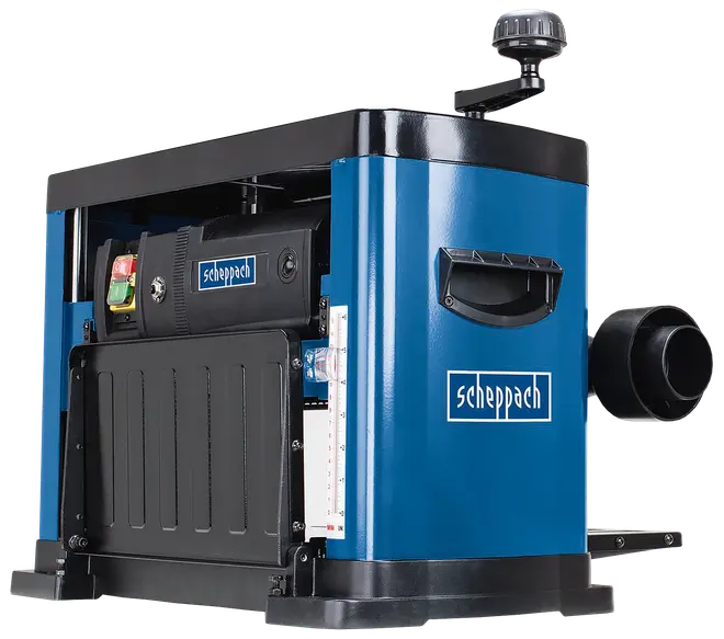 Elektrisk tykkelseshøvl med blå og sort metalkabinet, sidehåndtag, udsugningsstuds og kontrolpanel. Velegnet til træbearbejdning, med Scheppach-logo på front og side.