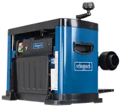 Elektrisk tykkelseshøvl med blå og sort metalkabinet, sidehåndtag, udsugningsstuds og kontrolpanel. Velegnet til træbearbejdning, med Scheppach-logo på front og side.