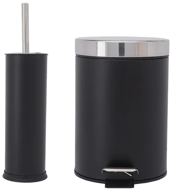 Badeværelsessæt med mat sort toiletbørsteholder og matchende pedalspand, begge med detaljer i rustfrit stål. Moderne, minimalistisk design. Holdbart og nemt at rengøre.