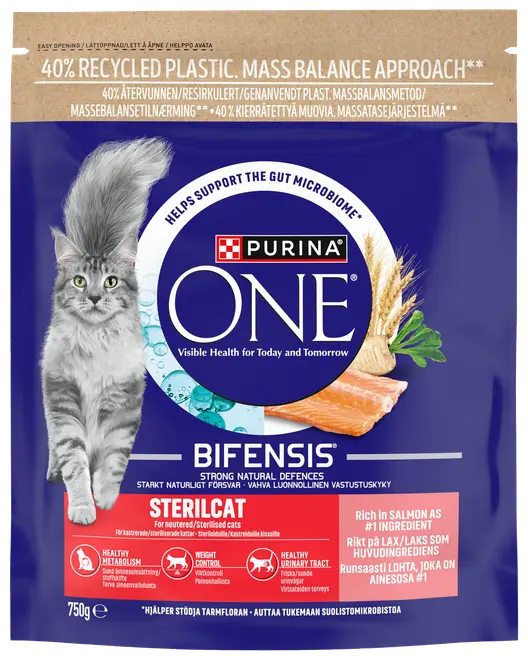 Purina ONE Bifensis Sterilcat tørfoder til steriliserede katte, 750g pose. Rig på laks, understøtter tarmflora, stofskifte, vægtkontrol og urinveje. Genlukkelig emballage.