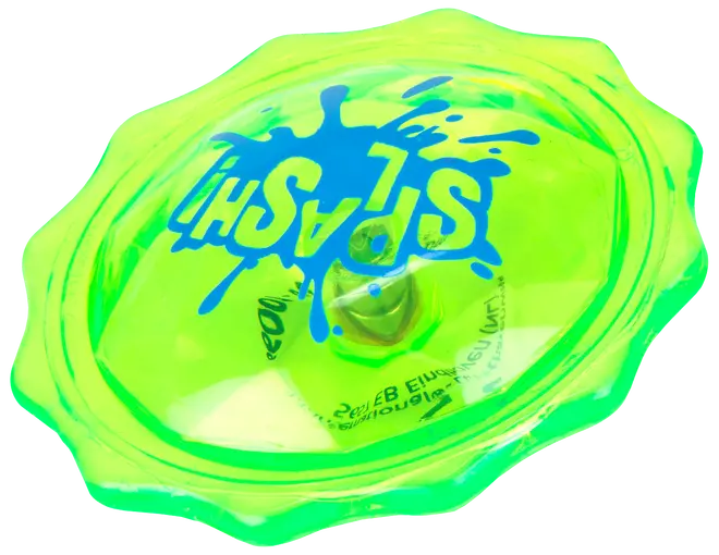 Ljusgrönt plastlock för vattenballong med blå "Splash"-logga, rund form, metallgänga i mitten, avsedd för fyllning och förslutning av vattenballonger.