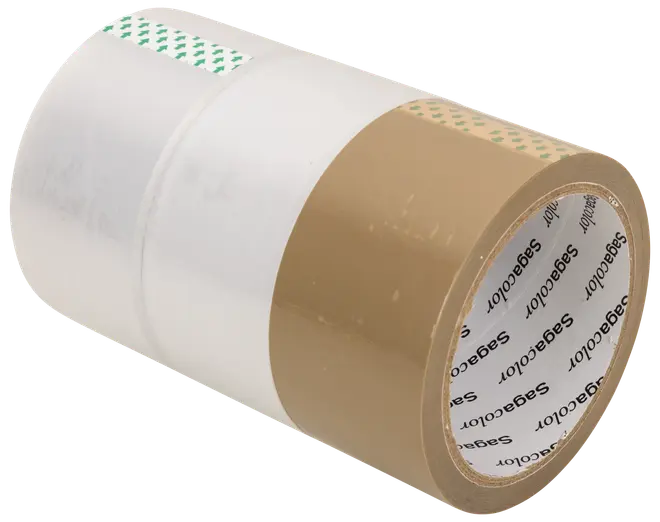 Sæt med tre pakketaperuller, to gennemsigtige og én brun, standardbredde. Velegnet til forsegling af kasser og pakker. Fremstillet af slidstærkt plast med stærk klæbeevne.