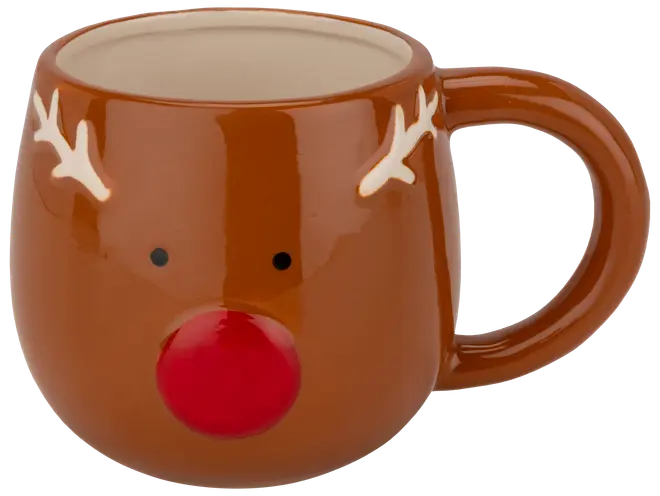 Brun keramikmugg formad som ett renansikte med röd nos, svarta ögon och vita horn. Stor ögla, blank yta, julmotiv.