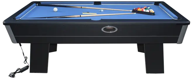 Moderne poolbord med blåt filt, sort ramme og solide ben. Inkluderer to køer, opstillet kuglesæt, kridt og hvid kugle. Perfekt til hjemmebrug.
