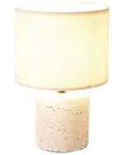 Moderne bordlampe med cylindrisk, tekstureret stenfod og stor rund cremefarvet stofskærm. Velegnet til soveværelser eller stuer, giver blødt, hyggeligt lys.