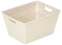 Rektangulær beige plastopbevaringskasse med to indbyggede sidehåndtag. Glat overflade, stabelbar, velegnet til opbevaring af husholdningsartikler, legetøj eller vasketøj. Let og nem at bære.