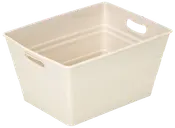 Rektangulær beige plastopbevaringskasse med to indbyggede sidehåndtag. Glat overflade, stabelbar, velegnet til opbevaring af husholdningsartikler, legetøj eller vasketøj. Let og nem at bære.