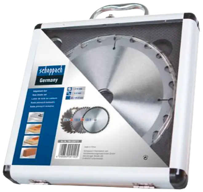 Cirkelsavklinge-sæt i beskyttende transportkasse, egnet til træskæring. Indeholder to klinger med skarpe tænder, designet til præcision og holdbarhed. Scheppach mærke, fremstillet i Tyskland.
