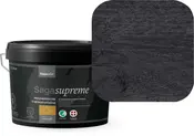 Saga Supreme træbeskyttelse, 2,5 liter, dyb sort farve. Velegnet til udendørs træværk, fuld dækning, premium kvalitet, miljømærket, vises med farveprøve.