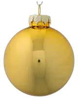 Blank gyllene julgranskula med slät, reflekterande yta och silverfärgat upphängningsfäste. Perfekt för julgransdekoration eller festliga arrangemang. Klassisk, elegant design.