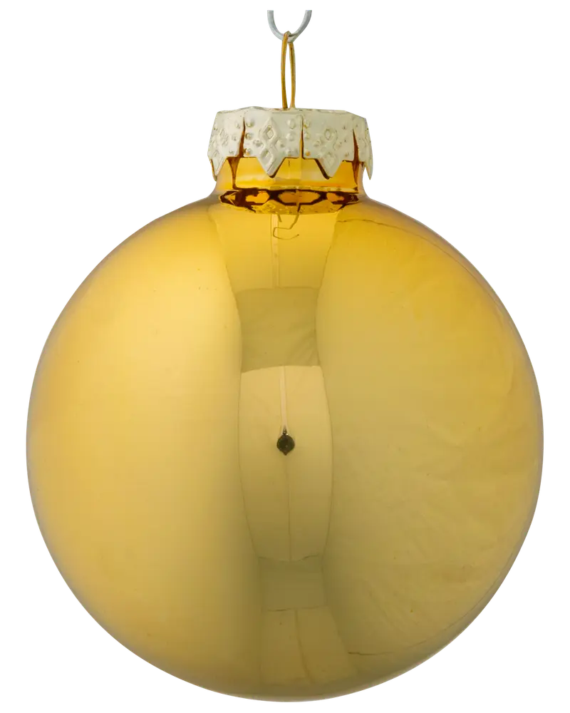 Blank gyllene julgranskula med slät, reflekterande yta och silverfärgat upphängningsfäste. Perfekt för julgransdekoration eller festliga arrangemang. Klassisk, elegant design.