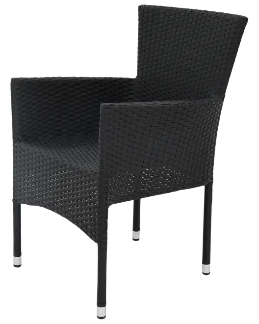 Sort udendørs lænestol med flettet rattan-design, høj ryg og solide metalben med sølvfarvede ender. Velegnet til terrasse eller have, komfortabel og moderne stil.