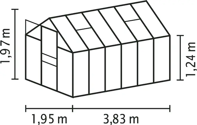 Rektangulärt växthus med sadeltak, dörr och fönsterpaneler. Mått: 1,95 m brett, 3,83 m långt, 1,97 m högt vid nock, 1,24 m vid takfot.