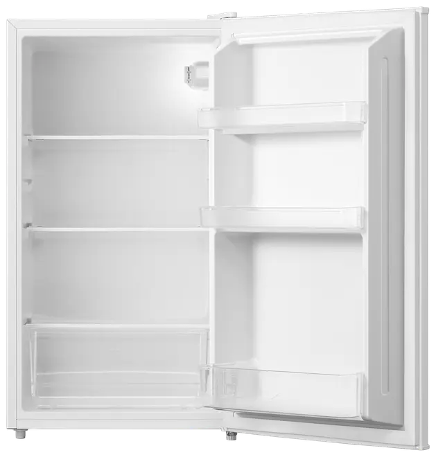 Kompakt hvidt køleskab med tre indvendige hylder og tre dørhylder, ideelt til effektiv opbevaring af mad. Enkel, ren stil til små køkkener, kontorer eller kollegieværelser.