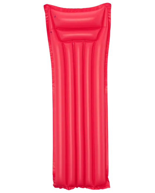 Röd uppblåsbar badmadrass med inbyggd kudde, vertikala luftkanaler och slät yta. Tillverkad av slitstark vinyl, lätt och portabel, för en person.