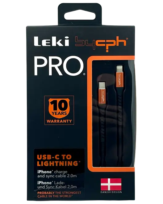 Leki bycph PRO USB-C til Lightning kabel, 2 meter, sort med orange detaljer, til iPhone opladning og synkronisering. 10 års garanti. Dansk design, stærk og holdbar.