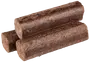 Tre komprimerede træbriketter, cylindrisk form, brun farve, grov tekstur. Bruges som brændsel til pejse eller ovne. Ensartet størrelse, rene kanter, nemme at stable.