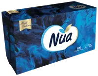 Nua Marble Collection näsduksask, 100 premium 3-lagers, silkeslena näsdukar, i blå marmormönstrad rektangulär ask med guld- och vit logotyp.