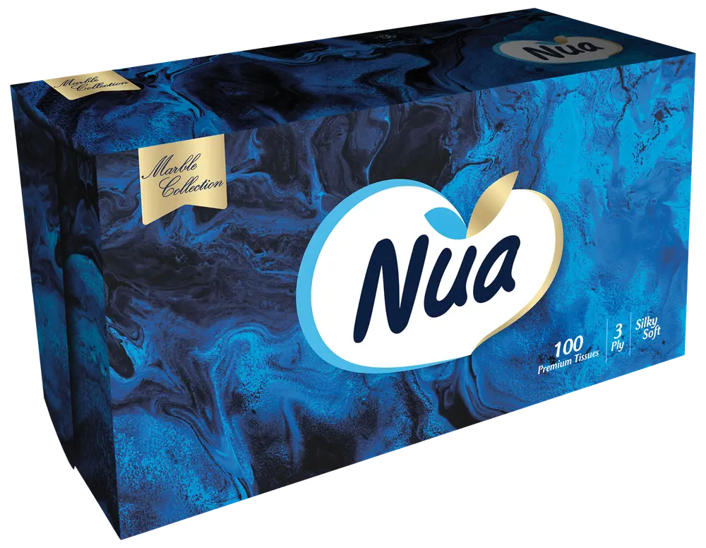 Nua Marble Collection näsduksask, 100 premium 3-lagers, silkeslena näsdukar, i blå marmormönstrad rektangulär ask med guld- och vit logotyp.