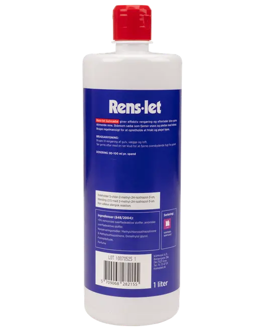 En-liters flaske Rens-let universalrengøringsmiddel med rød låg, blå etiket og hvid tekst. Velegnet til rengøring af forskellige overflader. Ingredienser og brugsanvisning på etiketten.