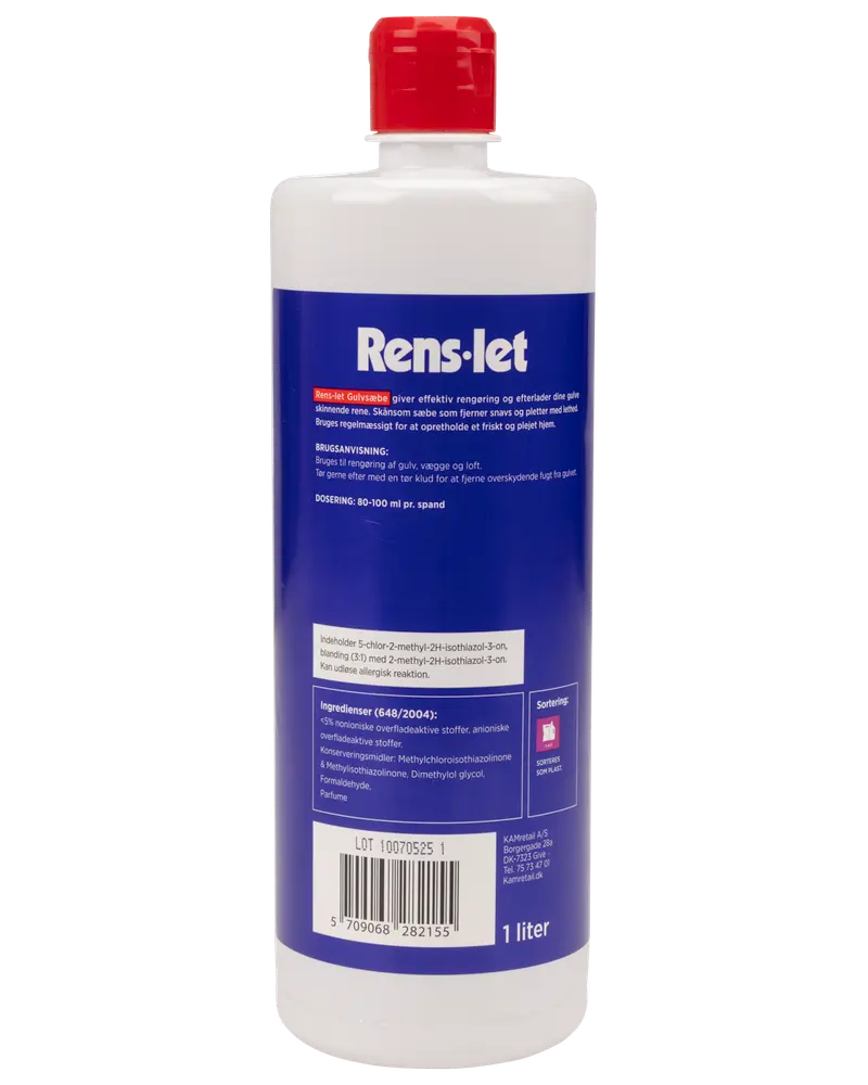 En-liters flaske Rens-let universalrengøringsmiddel med rød låg, blå etiket og hvid tekst. Velegnet til rengøring af forskellige overflader. Ingredienser og brugsanvisning på etiketten.