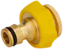 Trädgårdsslangkoppling i mässing med gult plastgrepp, gängad ände för kran och gummiring för tät anslutning. Hållbar för utomhusbruk.