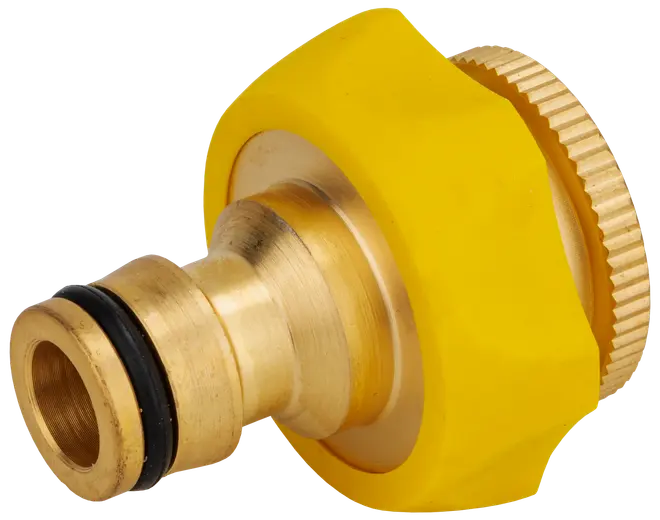 Trädgårdsslangkoppling i mässing med gult plastgrepp, gängad ände för kran och gummiring för tät anslutning. Hållbar för utomhusbruk.